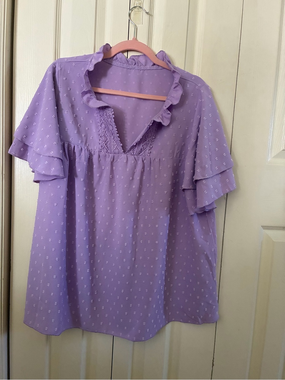 Lavender Ruffle V-Neck Blouse with Lace Trim